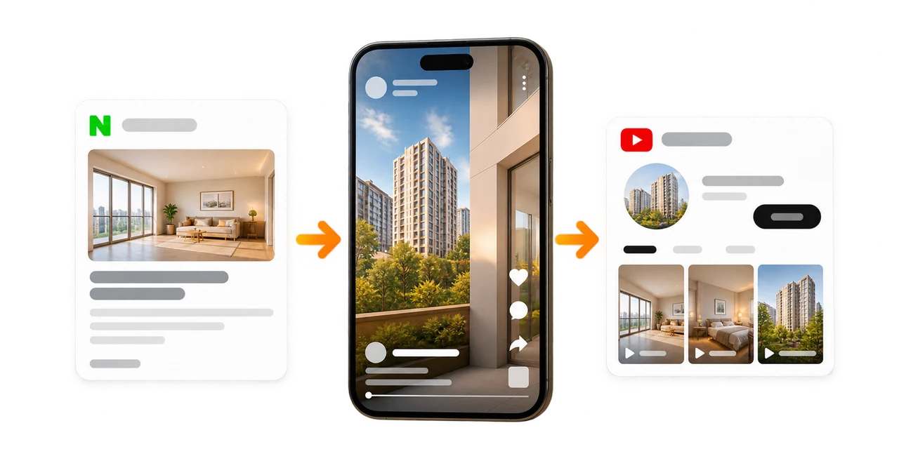 A listing post flowing into a Short and a YouTube channel